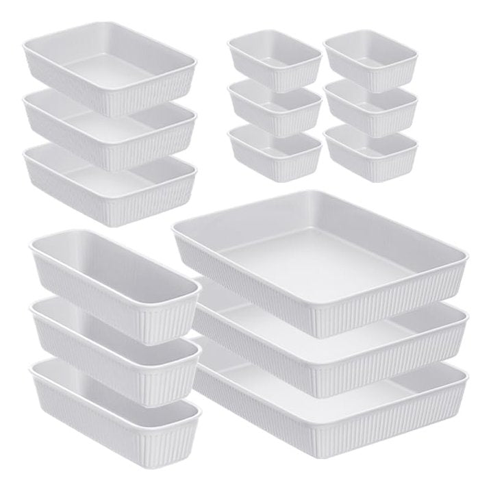 Decorative Plastic Desk Drawer Organizer Tray Set – White Smoke Ribbed Storage Bins (15 Pack)