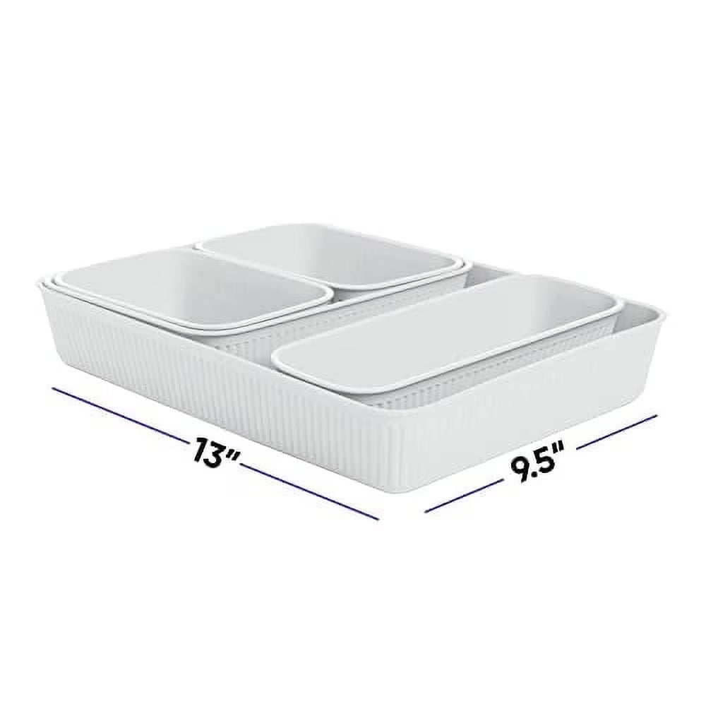 Decorative Plastic Desk Drawer Organizer Tray Set – White Smoke Ribbed Storage Bins (15 Pack)