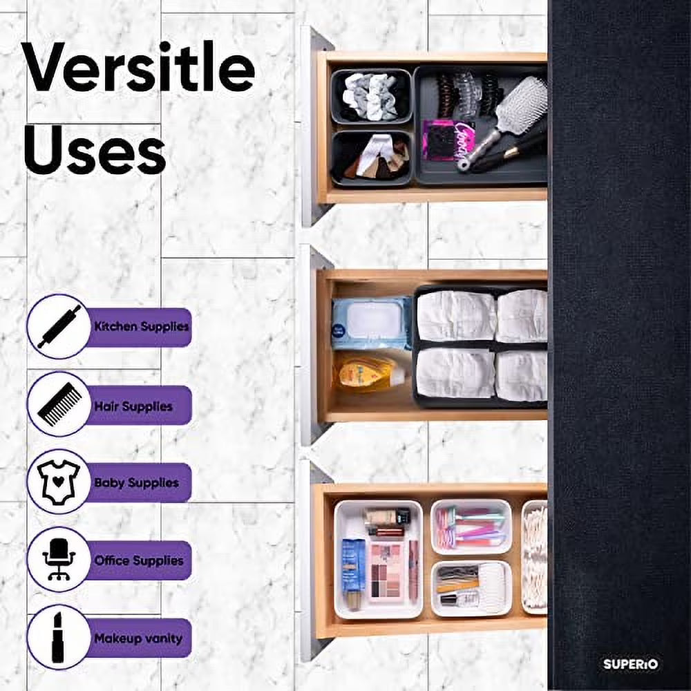 Decorative Plastic Desk Drawer Organizer Tray Set – White Smoke Ribbed Storage Bins (15 Pack)