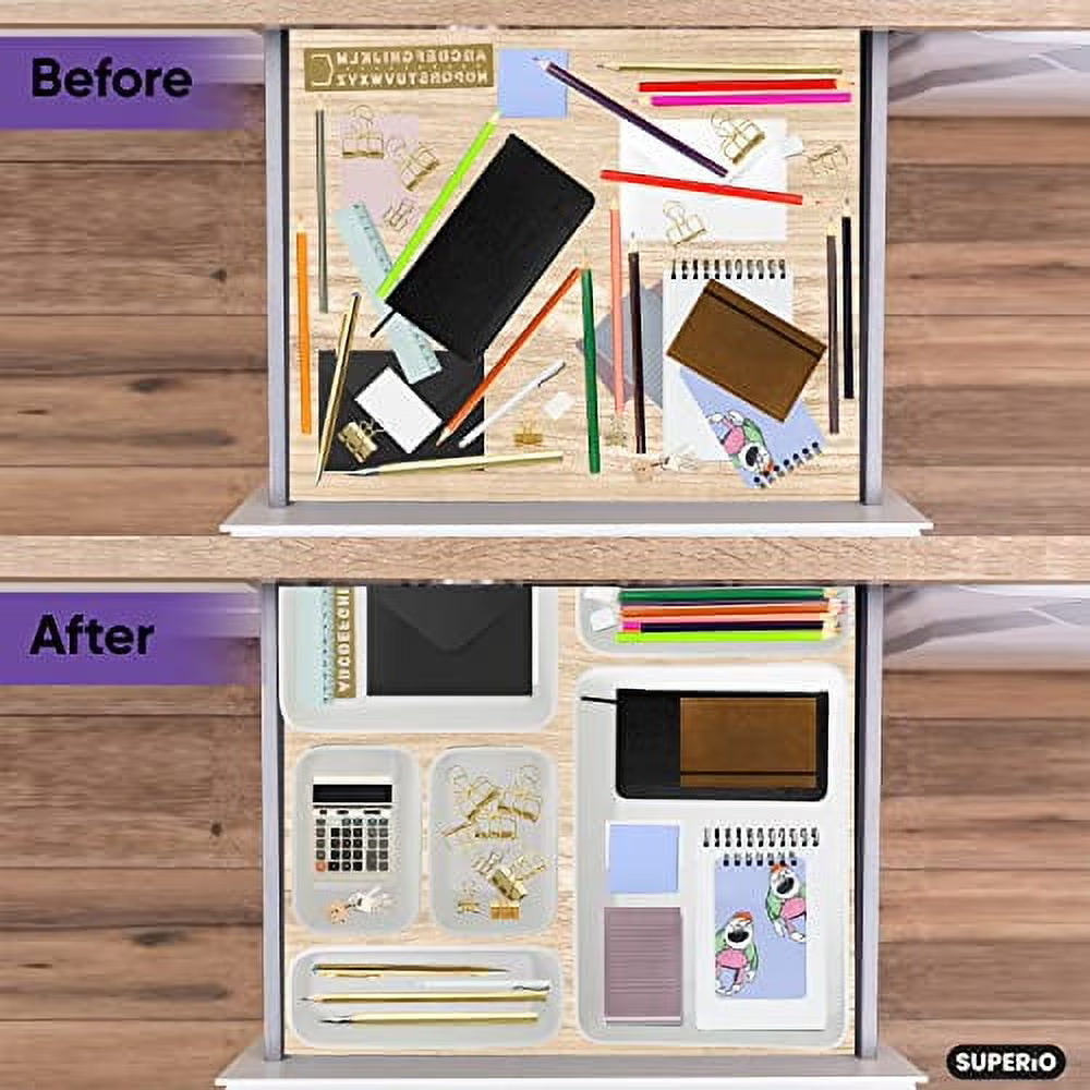 Decorative Plastic Desk Drawer Organizer Tray Set – White Smoke Ribbed Storage Bins (15 Pack)