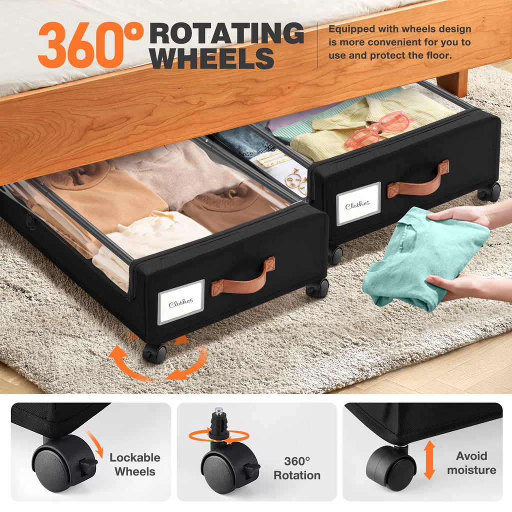 Livhil Under Bed Storage with Wheels – 2 Pack Rolling Storage Containers