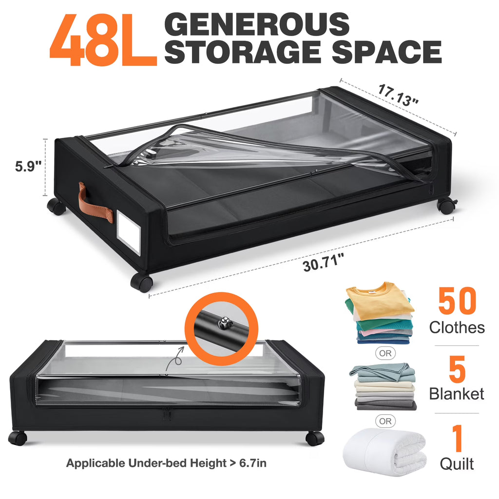 Livhil Under Bed Storage with Wheels – 2 Pack Rolling Storage Containers