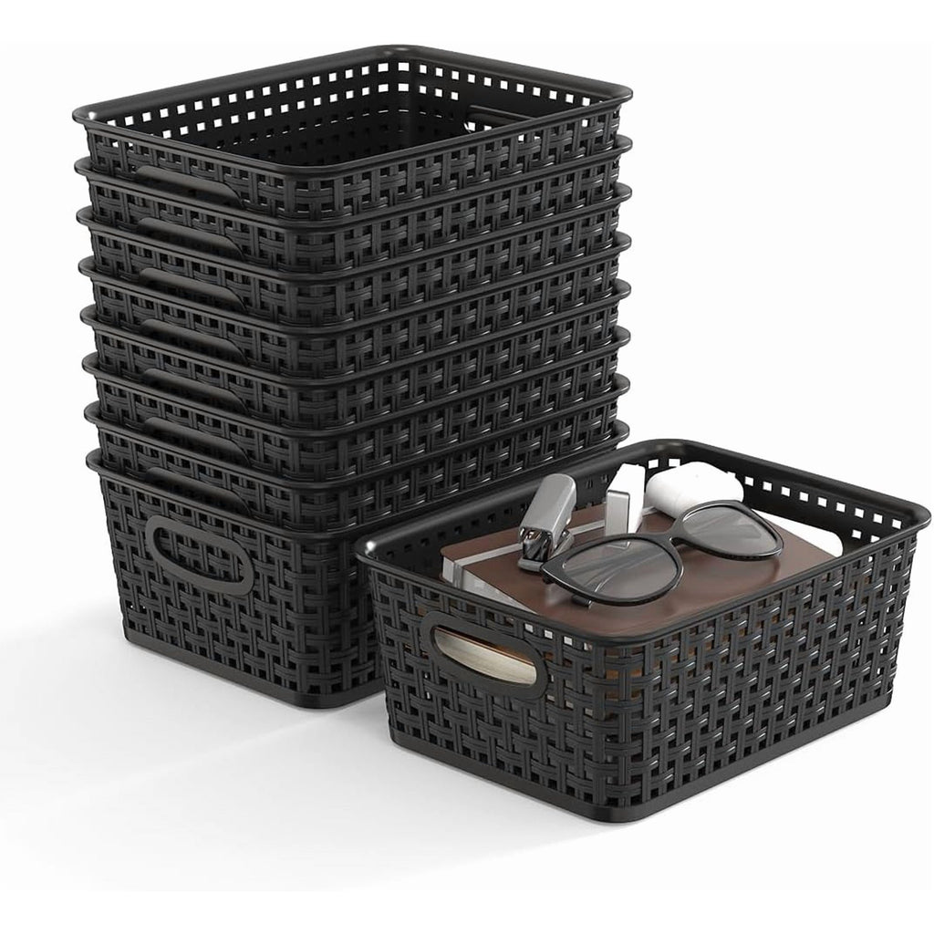 9-Pack Plastic Woven Storage Baskets Set – Black Multi-Purpose Organizer Bins