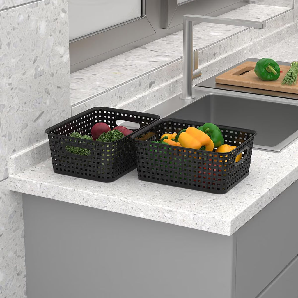 9-Pack Plastic Woven Storage Baskets Set – Black Multi-Purpose Organizer Bins