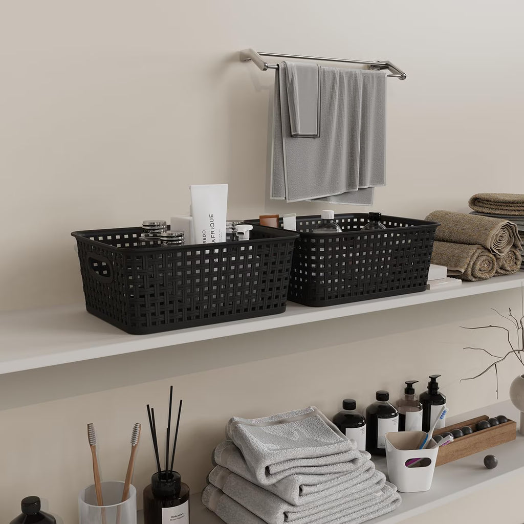 9-Pack Plastic Woven Storage Baskets Set – Black Multi-Purpose Organizer Bins