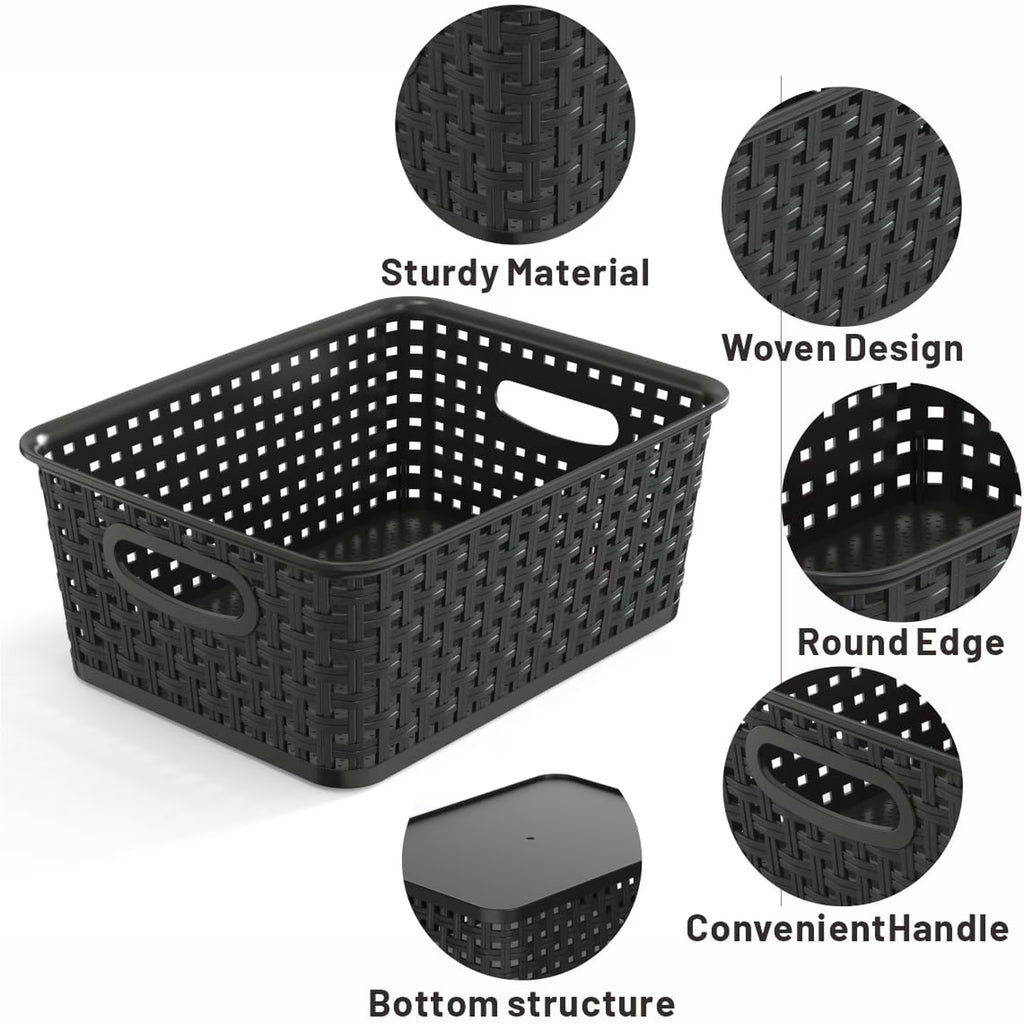 9-Pack Plastic Woven Storage Baskets Set – Black Multi-Purpose Organizer Bins