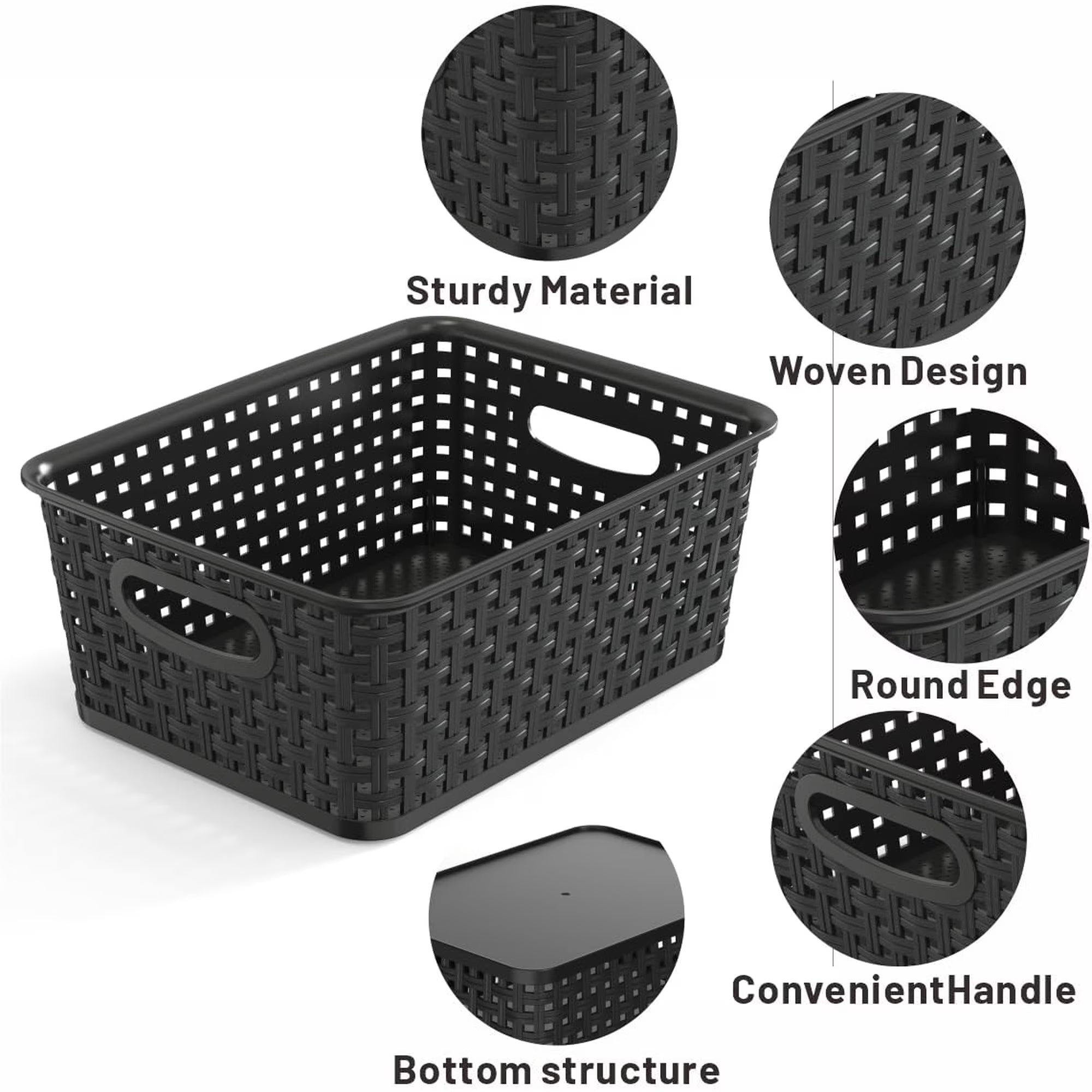 9-Pack Plastic Woven Storage Baskets Set – Black Multi-Purpose Organizer Bins