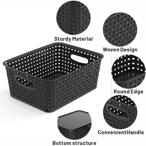 9-Pack Plastic Woven Storage Baskets Set – Black Multi-Purpose Organizer Bins