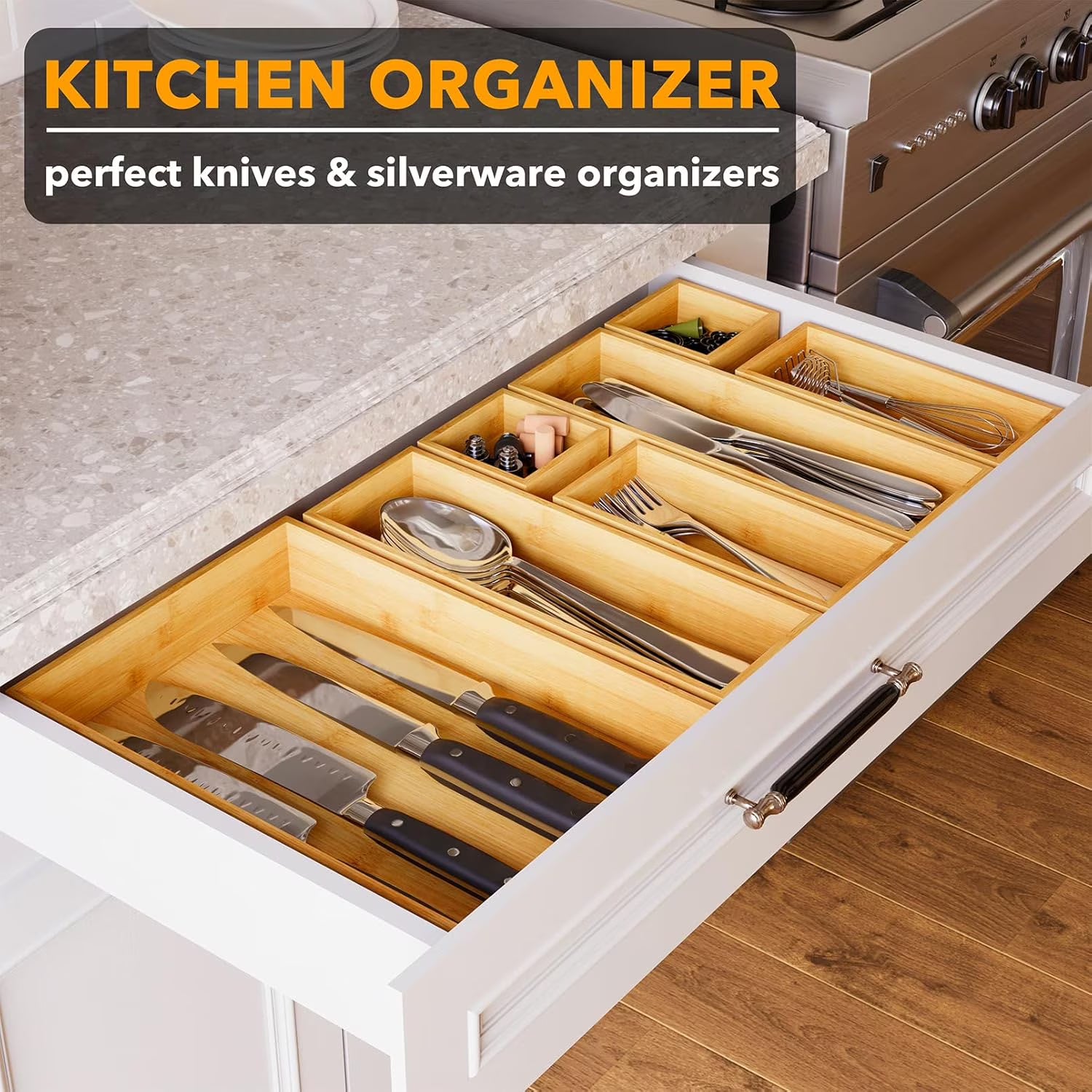 SpaceAid Bamboo Drawer Organizer Storage Boxes Set – 7 Pack Natural