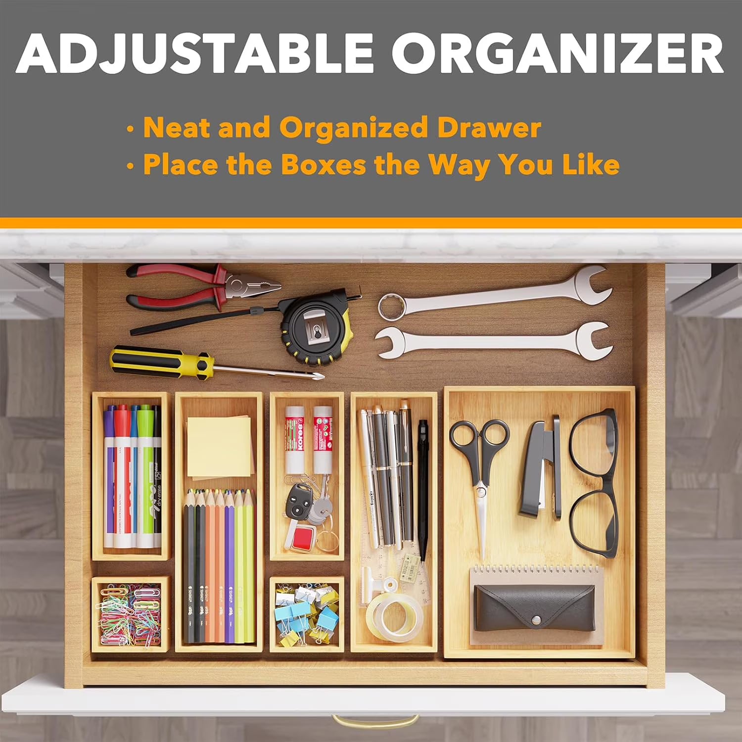 SpaceAid Bamboo Drawer Organizer Storage Boxes Set – 7 Pack Natural