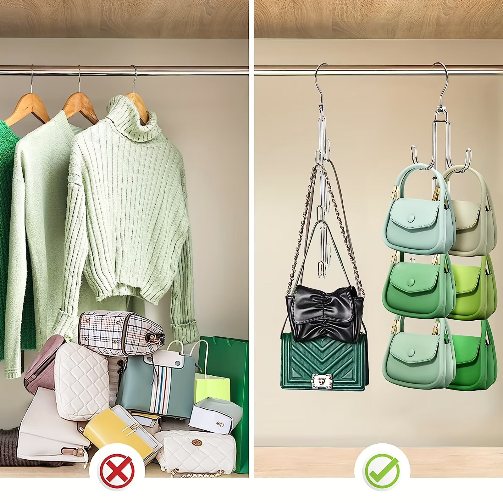Hiziwimi Silver Hanger Organizer – 2 Piece Closet Purse & Bag Holder Set