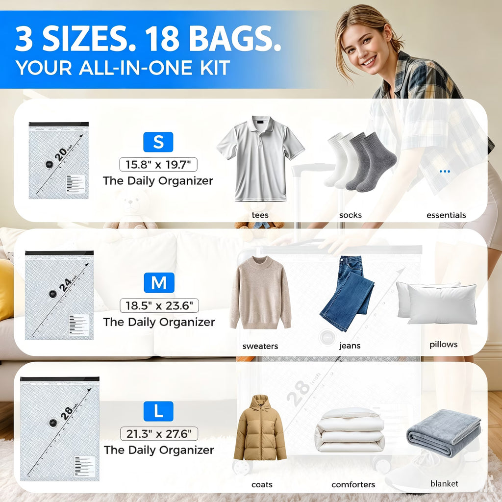 Skyhill Vacuum Storage Bags with Rechargeable Air Pump – 18 Piece Space Saver Set