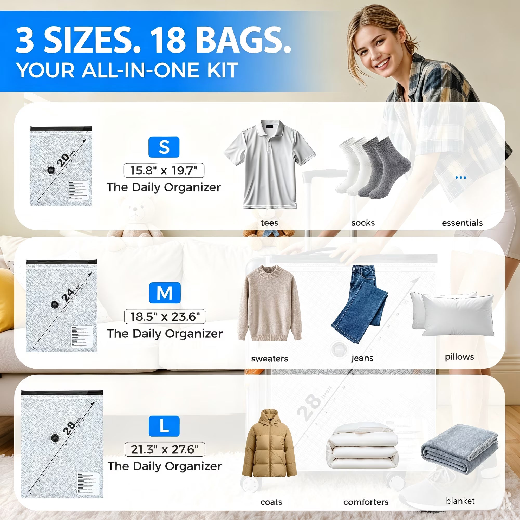 Skyhill Vacuum Storage Bags with Rechargeable Air Pump – 18 Piece Space Saver Set